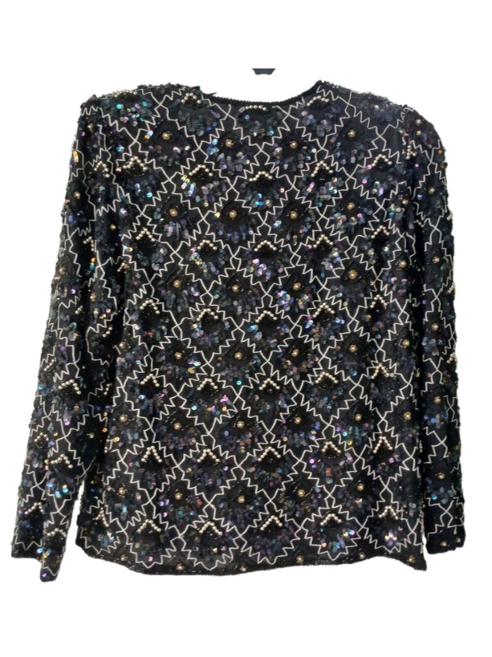 VTG Laurence Kazar Sz L Black Silver 100% Silk Sequin Bead Jacket Formal  #T-27 - Picture 2 of 12